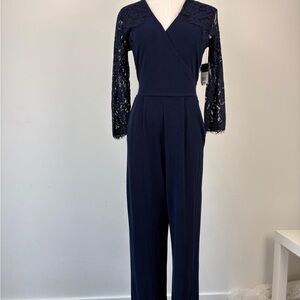 Elegant Navy Lace Sleeve Jumpsuit